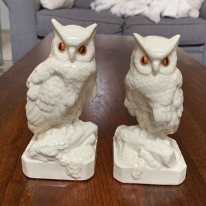 Vintage MCM Glossy White Owl Bookends Orange Eyes